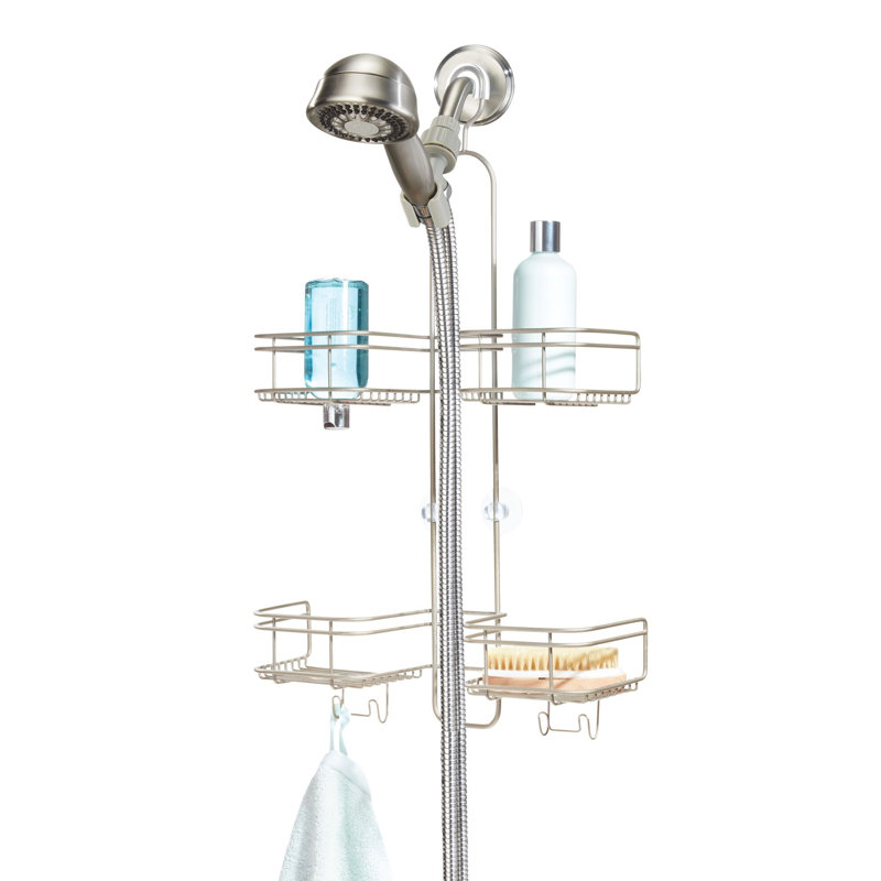 Satin Metal Over Shower Head Hanging Caddy with 4 Compartments