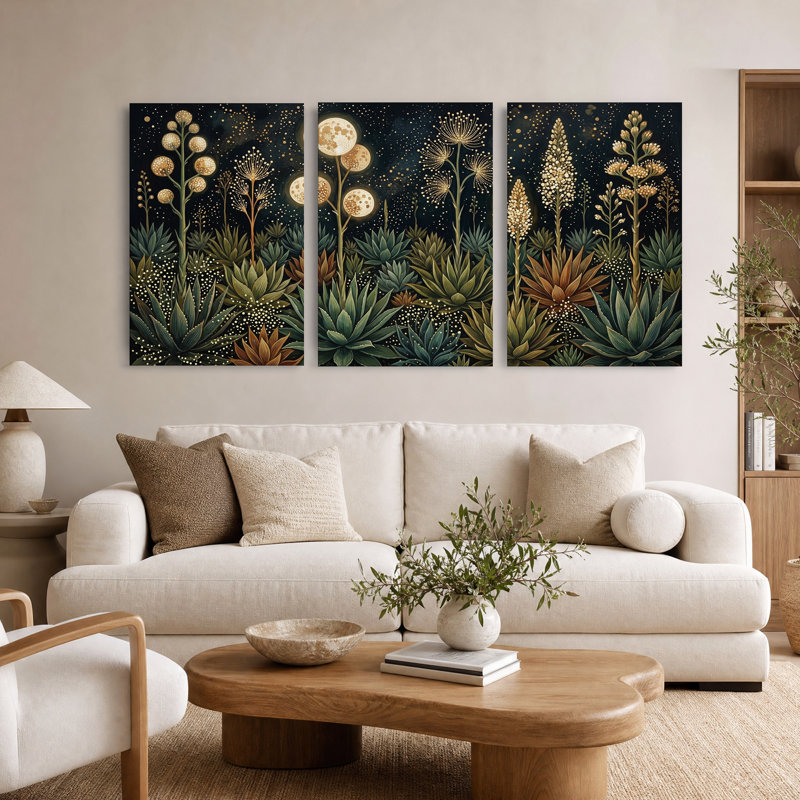 Ensemble de 3 toiles murales représentant des plantes succulentes et des lunes lumineuses sur fond sombre, 36"H x 24"W x 3pcs