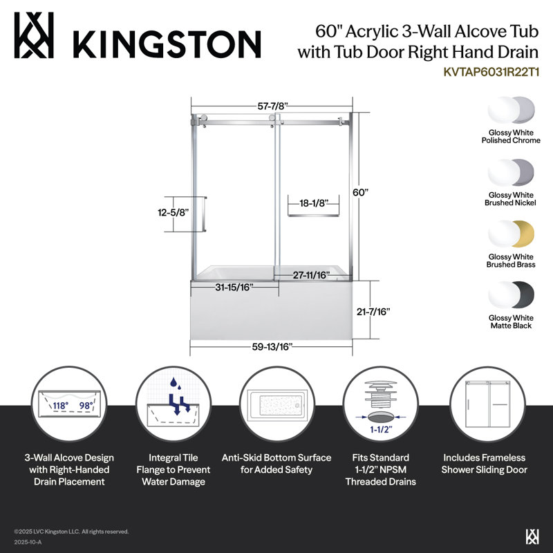 Kingston Brass 60-Inch Acrylic Rectangular 3-Wall Anti-Skid Alcove Tub With Tub Door, Hand Drain, Right, Brushed Nickel