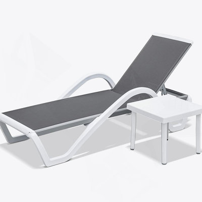 Adjustable Aluminum Patio Chaise Lounge With Armrest And All-Weather Mesh,1 Lounge Chair+1 Plastic Table   Ideal For Poolside And Outdoor Relaxation
