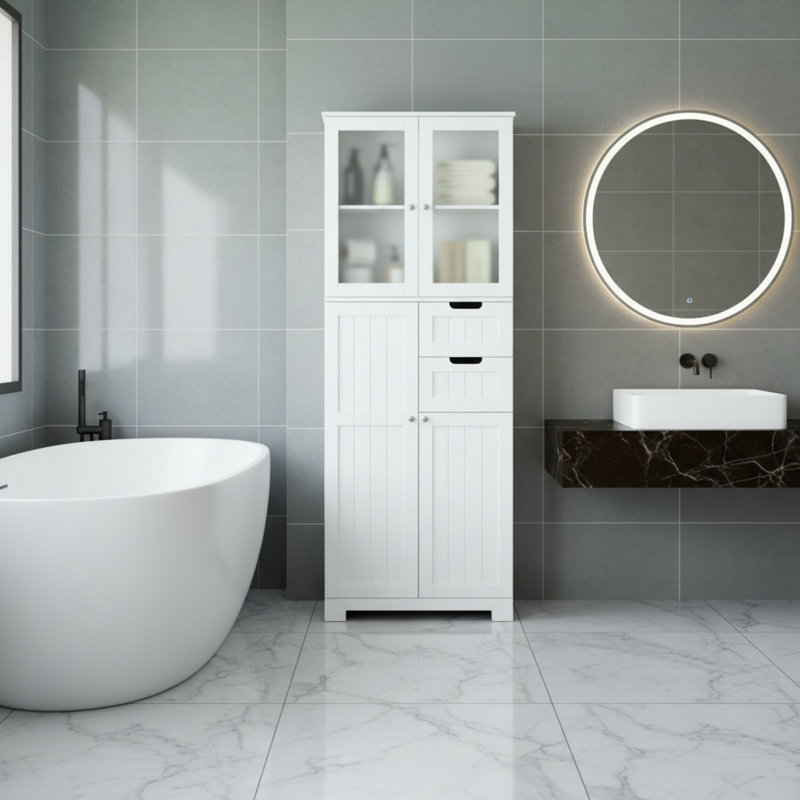 Meuble-lavabo de 67 po en lin blanc avec portes et tiroirs amovibles; Peut également être utilisé comme armoire de cuisine.