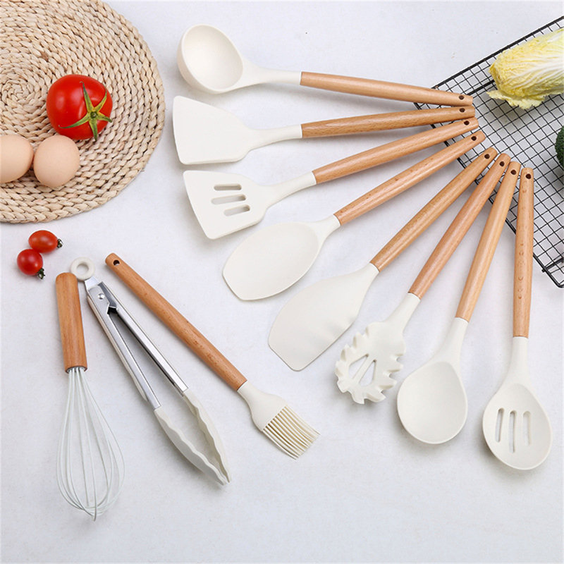 Ensemble d'ustensiles de cuisine en silicone 11 pièces avec poignées en bois - Outils de cuisine antiadhésifs résistants à la chaleur