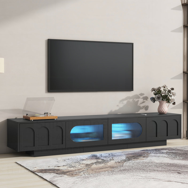 Meuble télé avec portes cannelées en verre pour téléviseurs de 95 po ou moins - Console multimédia avec armoires arquées et DEL contrôlées par une application, noir