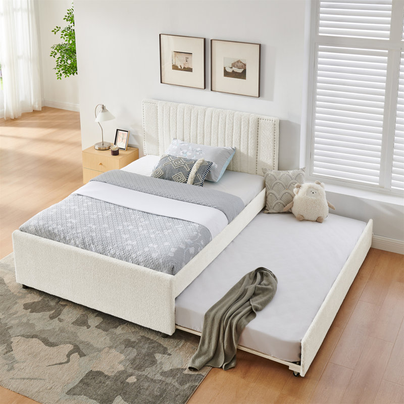 Full Size Vertical Channel Tufted Headboard & Nailhead Trim Space Saving Upholstered Bed, Multi-functional Design with 2 Storage Drawers and Pull-out Trundle Bed, Chenille