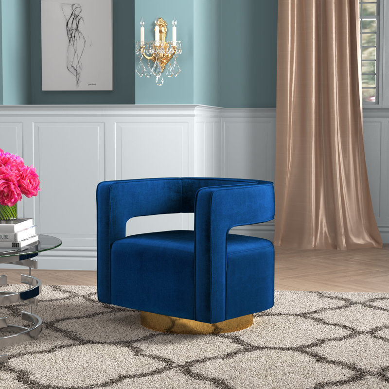 Fauteuil demi-tonneau pivotant en velours Aysha, Velours marine