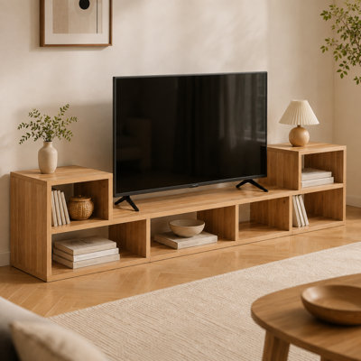 Modular Floating TV Stand, Wood Finish, Open Cubbies