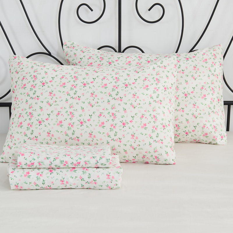 Ensemble de draps pour grand lit Gogreen 4PC, Ensemble de draps pour grand lit avec 2 taies d'or, 03 - Floral rose