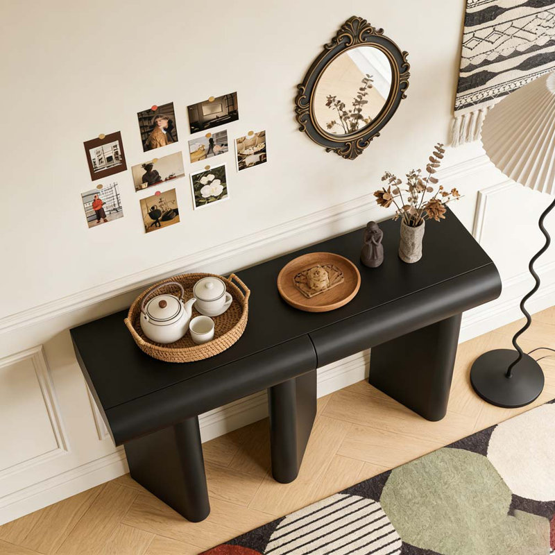 Modern Painted Entryway Table Curved Drawers Geometric Legs, Black
