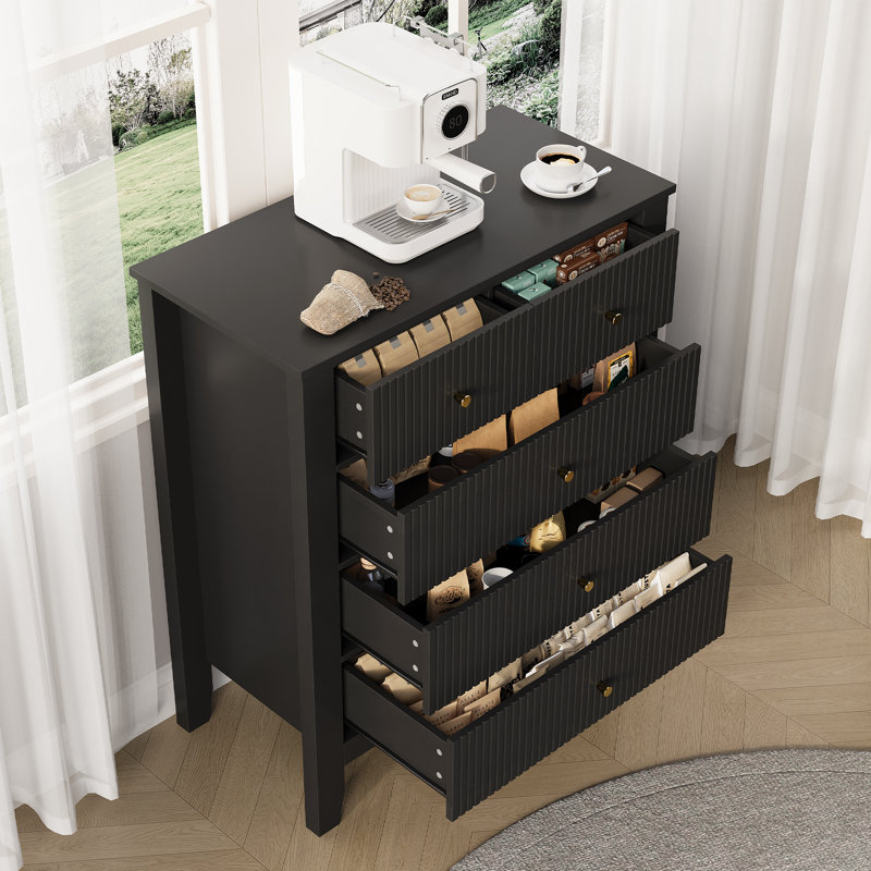 Valdir 31.7'' W Fluted Drawer Dresser, Wood Chest of Drawers, Black