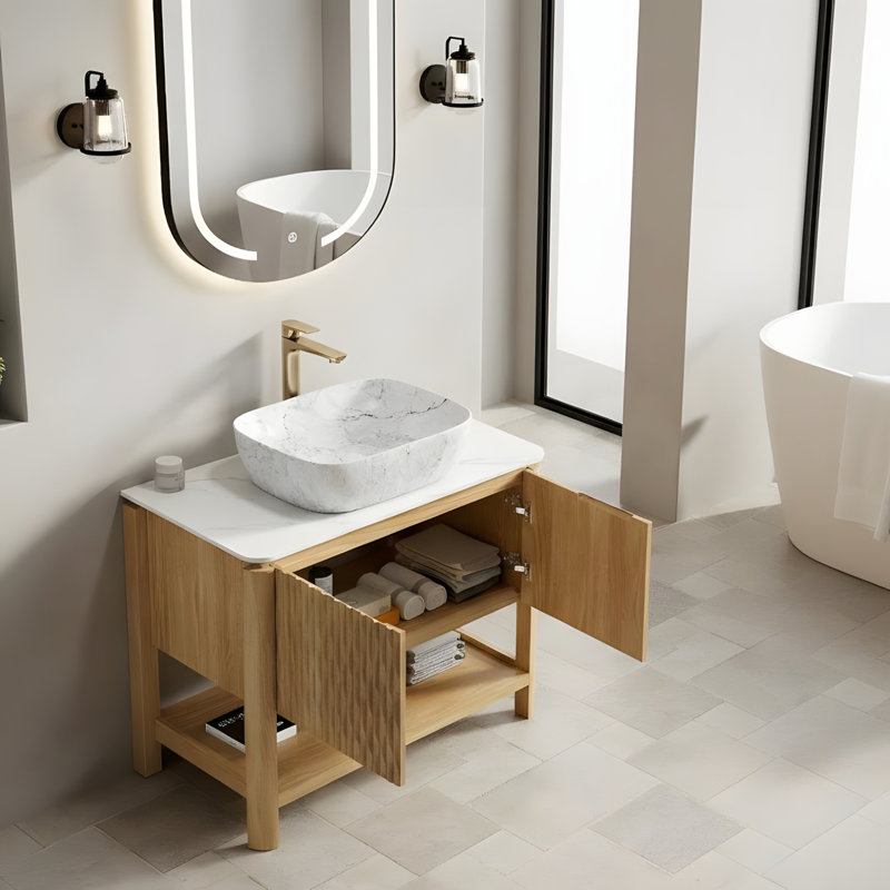 Meuble-lavabo autoportant à portes en bambou 36 po