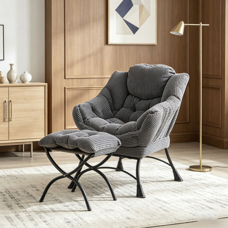 Fauteuil Lazy avec repose-pieds, fauteuil d'appoint moderne avec accoudoirs et poche latérale, Gris