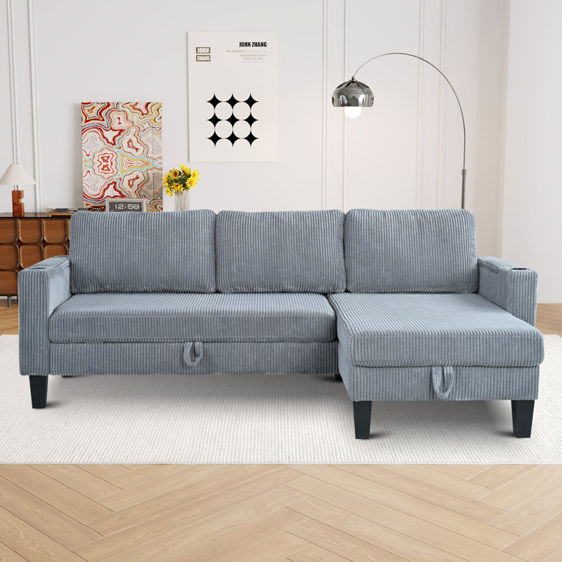 Canapé modulaire réversible avec méridienne de rangement, Velours côtelé gris