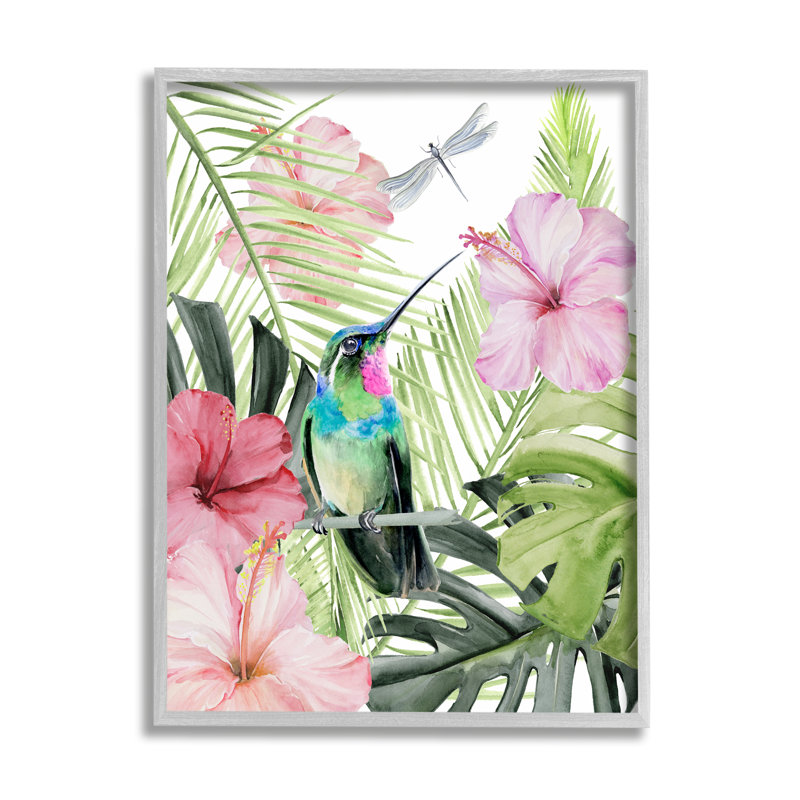 Hibiscus colibri tropical encadré sur bois par Jennifer Paxton Parker, peinture, H 30 po x l 24 po x P 1,5 po