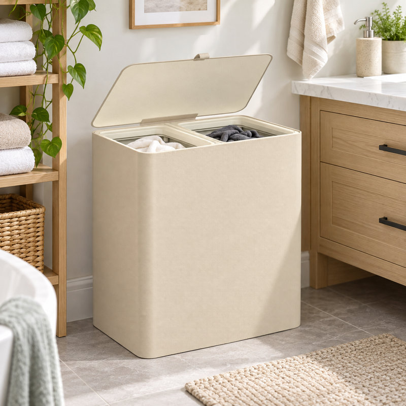Laundry Basket 95L – Large Laundry Hamper with Lid, 2-Compartment Divided Clothes Sorter with Removable Hamper Bags, Beige Organizer for Laundry Room, Bathroom & Bedroom, 22.2" x 16" x 27.4"