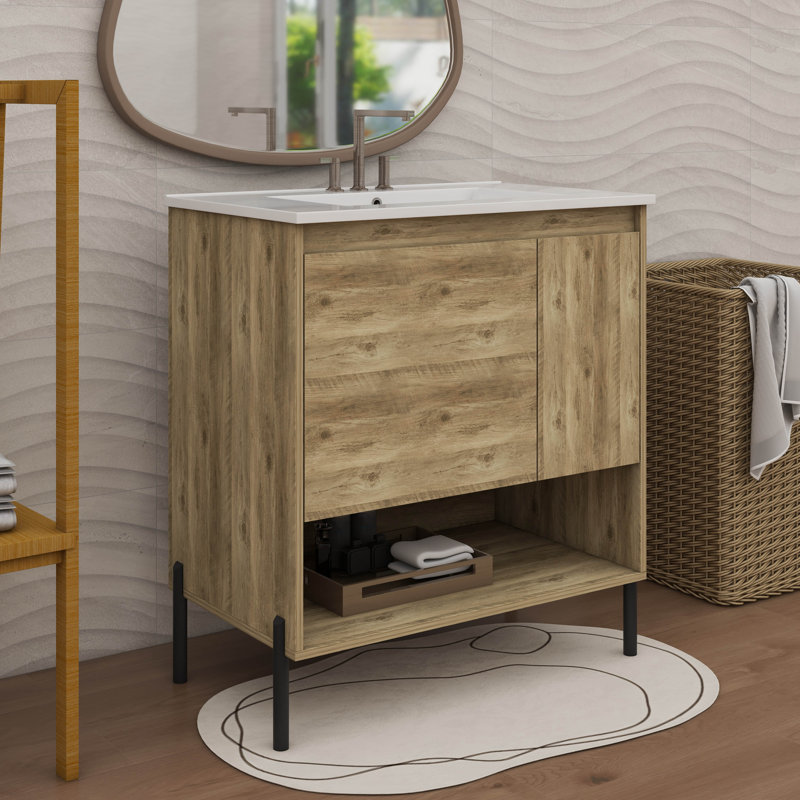 Meuble-lavabo moderne en bois de 30 po, armoire de salle de bain avec tiroir coulissant, meuble de rangement avec lavabo en céramique, meuble-lavabo de salle de bain