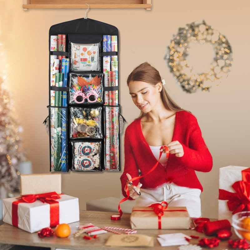 Organisateur de rangement pour papier cadeau de Noël, organisateur suspendu pour sacs-cadeaux, porte-papier cadeau double face - Noir