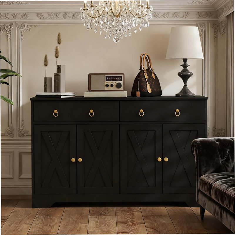Accent Cabinet, Kitchen Storage Sideboard With Drawers, Adjustable Shelves, Black