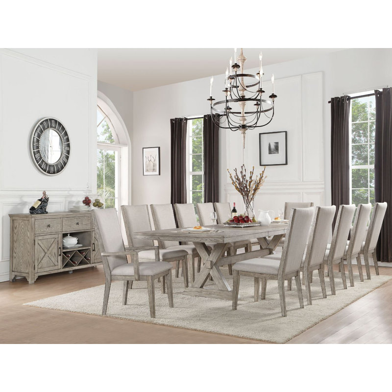 Gray Oak Extendable Dining Table Set with 12 Chairs