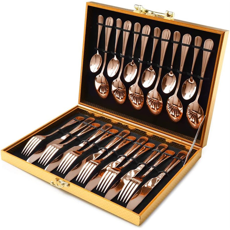 Ensemble de couverts 24 pièces en acier inoxydable forgé or, service de 6