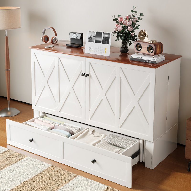 Lit escamotable double avec station de charge USB - armoire murale, matelas à trois volets et tiroirs de rangement optionnels, conception convertible peu encombrante