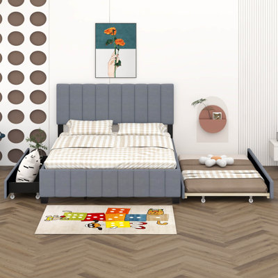 Grand lit en bois avec 2 tiroirs, lit plateforme tapissier en velours avec lit gigogne simple TG, support à lattes de bois