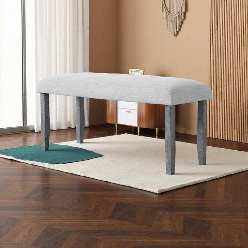 40 Inch Tufted Upholstered Bench with Rubberwood Legs, 250 LB Capacity Entryway Bench, Gray