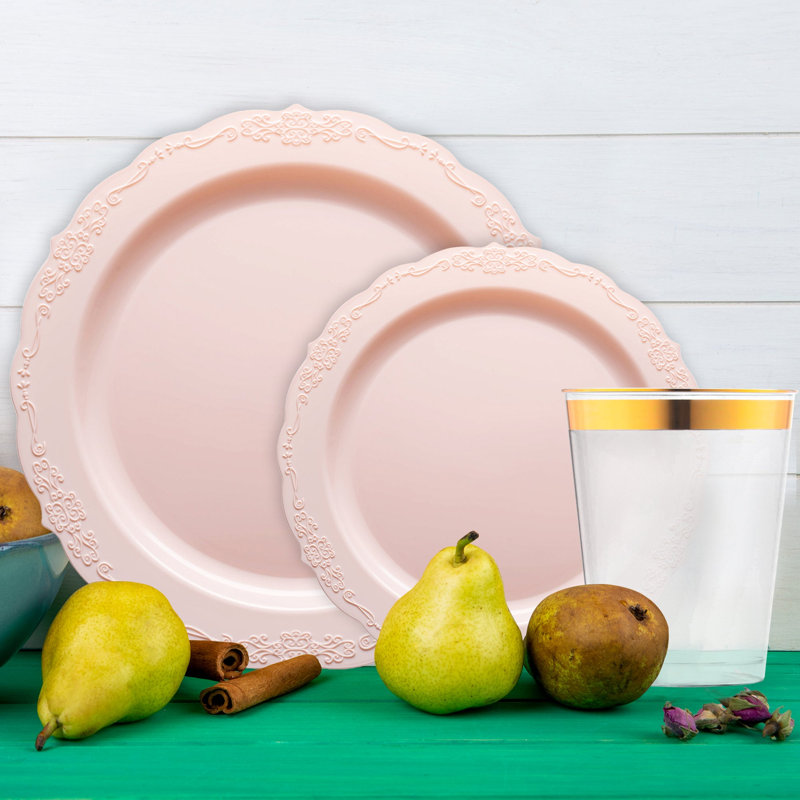 Service de vaisselle jetable en plastique rose vintage - 120 couverts