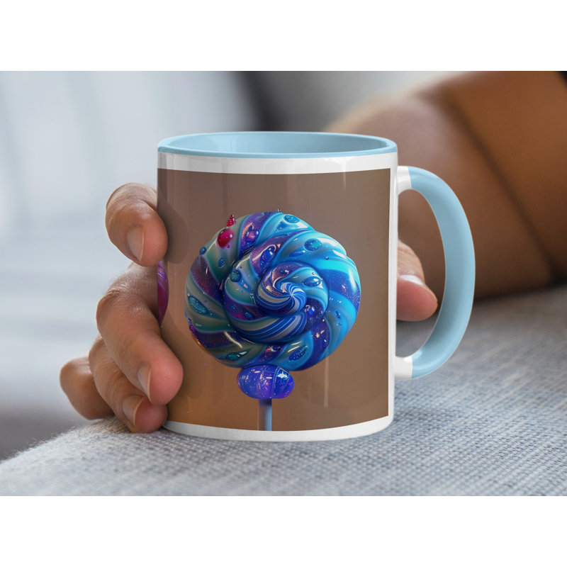 Set of 3 3D Design 11oz Accent Mugs – Ceramic Coffee Cups with a Light Blue Handle and Interior