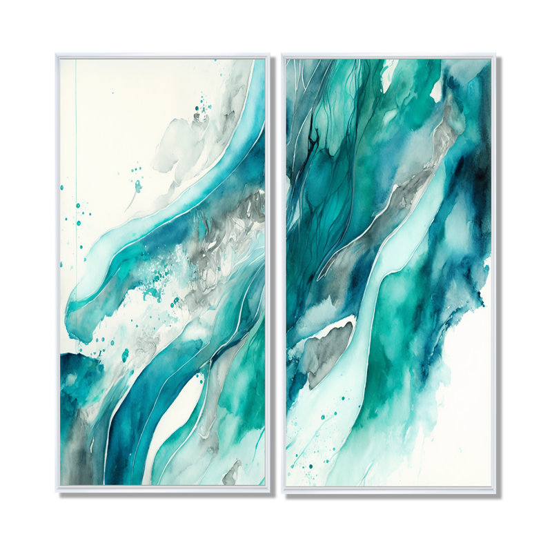 Turquoise Waves In Paradise I - décoration murale moderne verte, 32" H x 32" W, Impression encadrée flottante, White