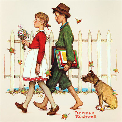 «Young Love: Walking to School» par Norman Rockwell - reproduction d'art sur toile tendue