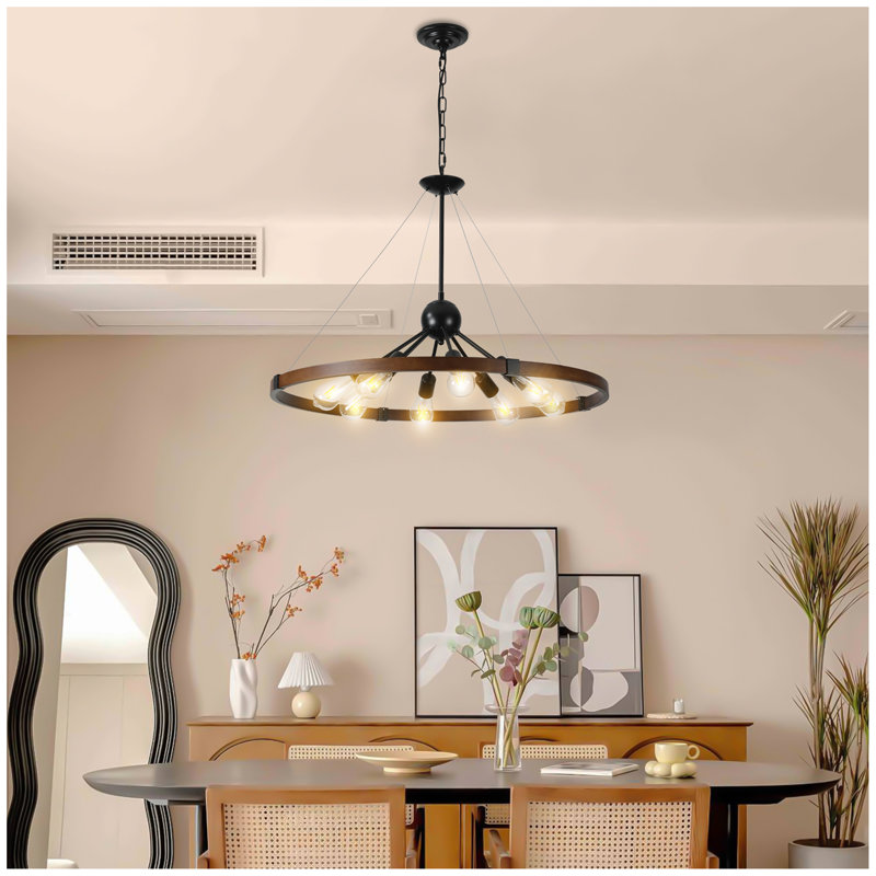 Lustre 8 lumières rétro pour cuisine, salon, salle à manger rouge et noyer (sans ampoules)