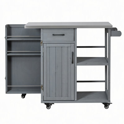 Outdoor Kitchen Island Fir Wood Prep Station Lockable Kitchen Cart with Stainless Top, Ample Storage Space, Towel and Spice Racks for Patio and Outdoor