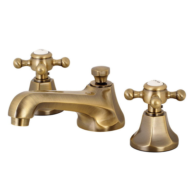 Kingston Brass Metropolitan Two-Handle 3-Hole Deck Mount Widespread Bathroom Faucet with Brass Pop-Up Drain, Vintage Brass