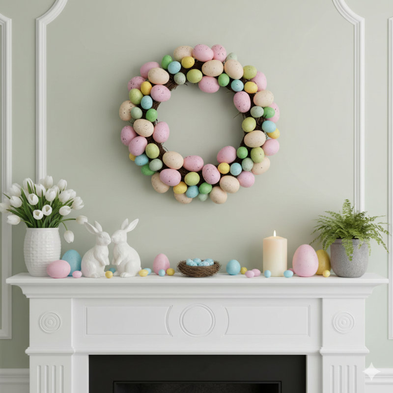 Vickerman 13" Artificial Pastel Easter Egg Wreath on a grapevine base.