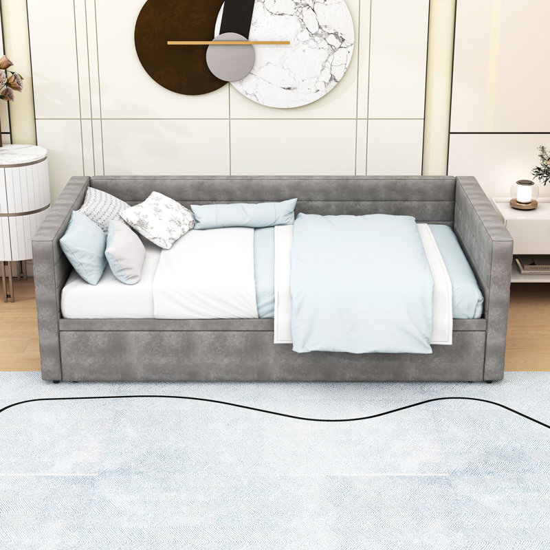 Structure de lit de jour simple rembourrée avec couchette, Gris