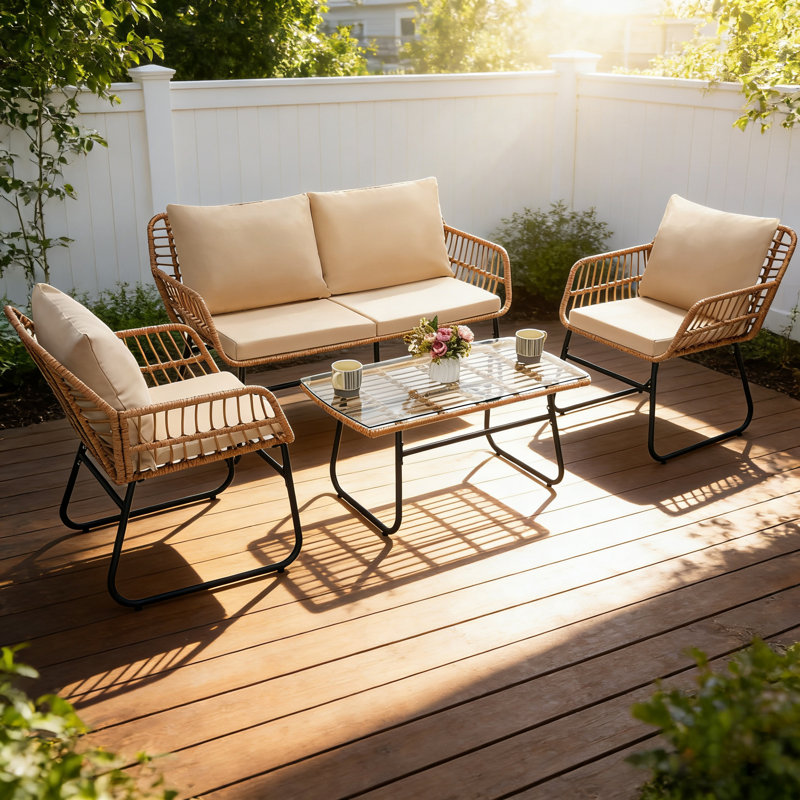 4-Piece Outdoor Patio Conversation Set with Cushions, for Garden, Backyard, Poolside, Beige