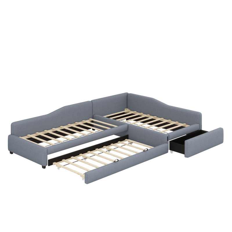  Wooden Daybed With Trundle and Drawer, Gray