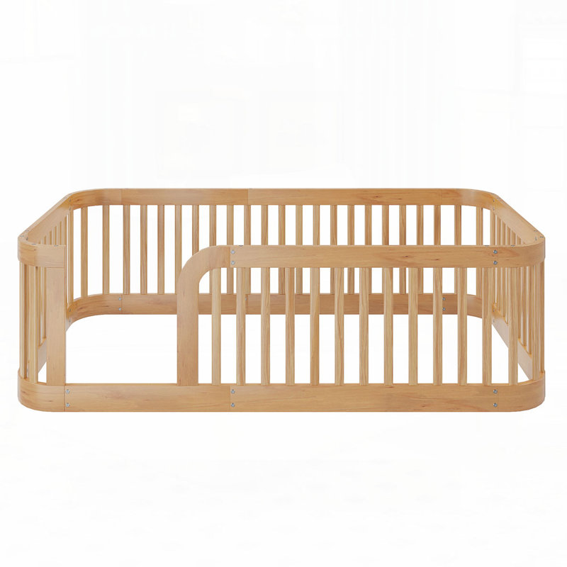 Wood Floor Bed Frame with Fence, Full, Natural