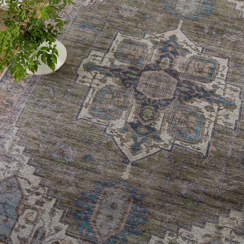 Beesley Machine Washable Green/Blue Rug, Rectangle 3'11" x 6'