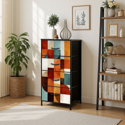 4 Drawer Vertical Storage Dresser Mid century geometric abstract simple shapes beautiful color palette with Wood Top Fabric Pull Drawers
