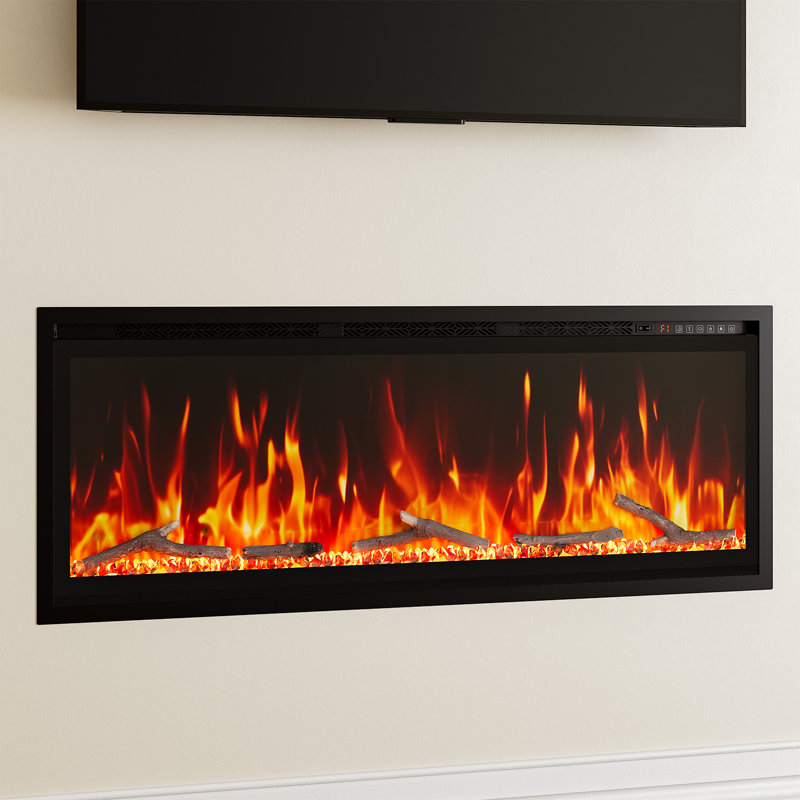 Chaufferette électrique encastrée ou murale de 50 po, 12 couleurs de flamme, compatible avec Google et Alexa Home, bûches et cristaux, télécommande