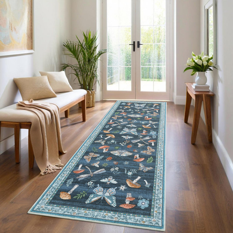 Floral Machine Washable Rug with Non-Slip Backing, Soft Thin Low Pile Non Shedding Floor Carpet, Indoor Foldable Printed Accent Mat for Living Room/Nursery/Bedroom