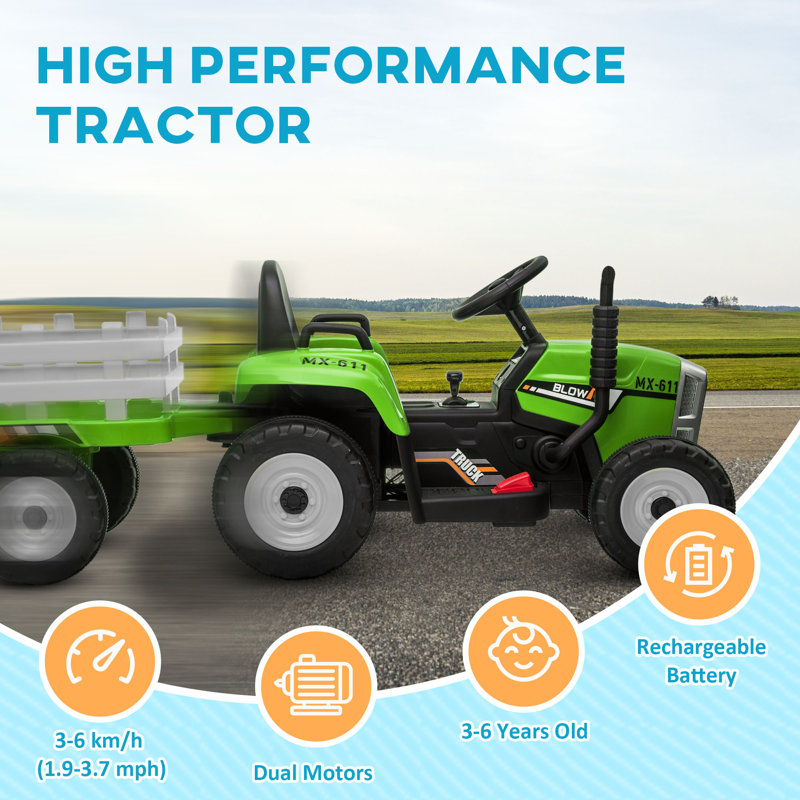 Green 12V Electric Ride-On Tractor with Trailer