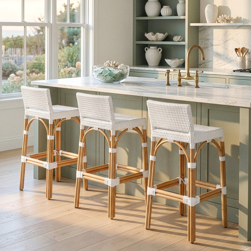 Serienna Blue & White Rattan Low Back Counter Stool, Natural, Counter Stool 24" Seat Height