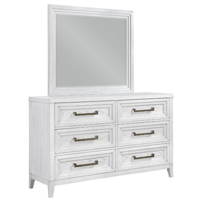 Leva Wide Dresser With Mirror, 6 Drawers, Distressed White Wood Frame