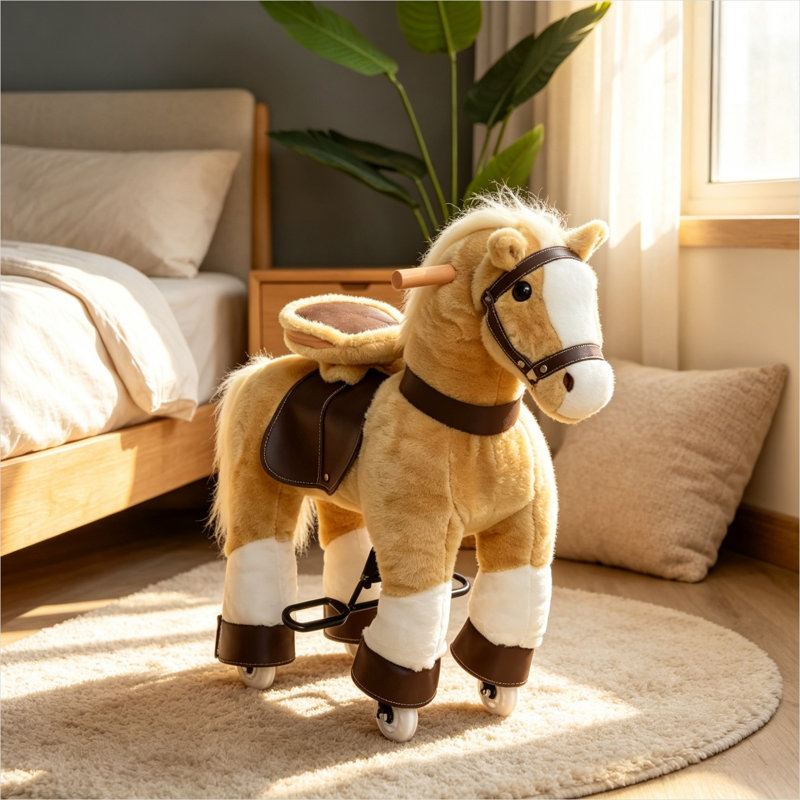 Jouet à cheval à pédale pour tout-petits, corps en peluche brun avec structure en métal, fauteuil d'intérieur pour enfants de 3 à 8 ans