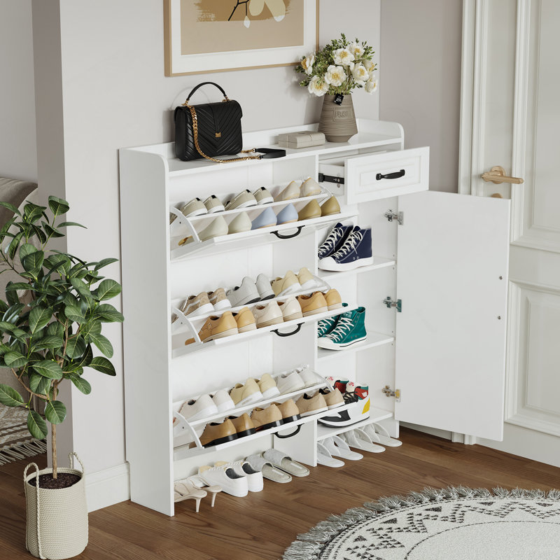 Range-chaussures blanc avec 4 portes et 1 tiroir, grand espace de rangement