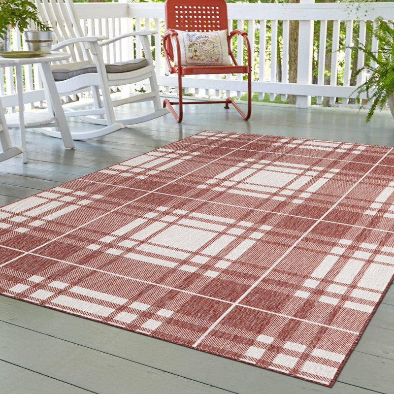 Tereon Plaid Machine Made Power Loom Polypropylene Plastic Indoor/Outdoor Area Rug in Red/White, Rectangle 5'1" x 7'1"