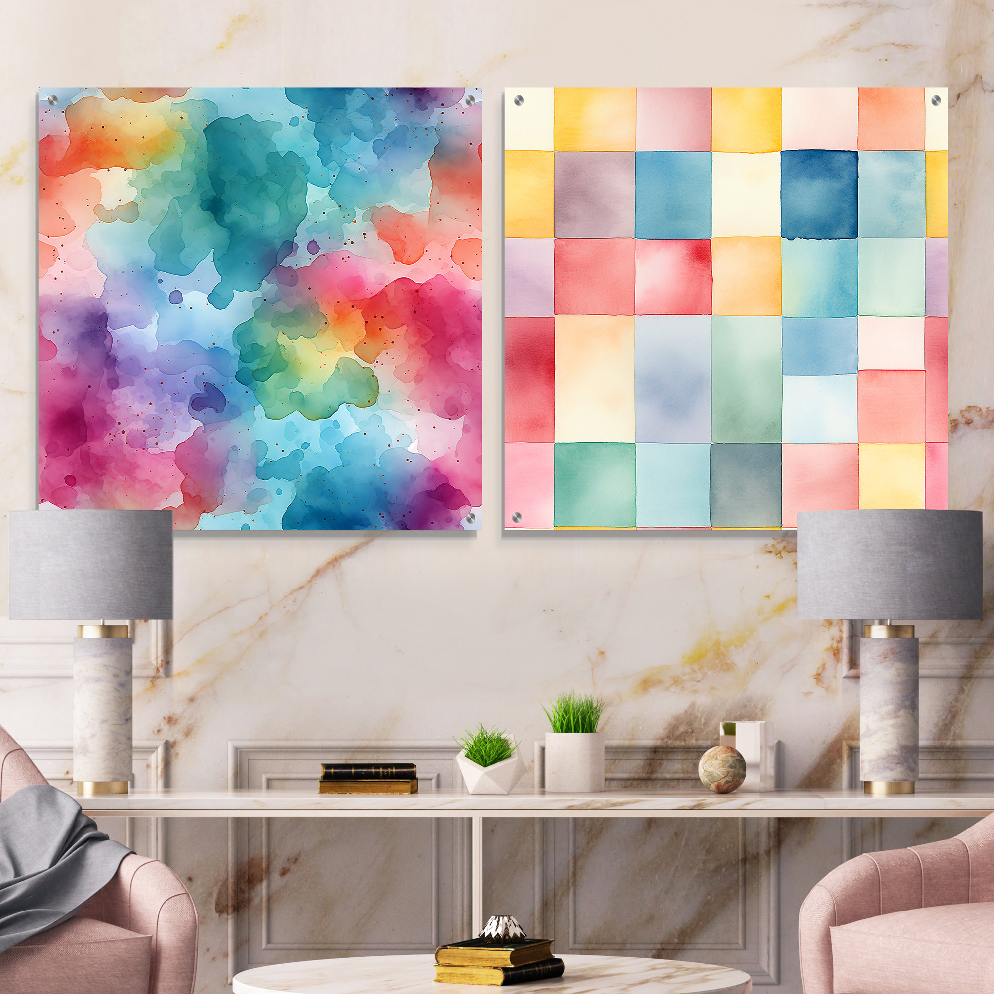 Design Art Serene Watercolor - Abstract Acrylic Wall Art Glass Set Of 2 ...