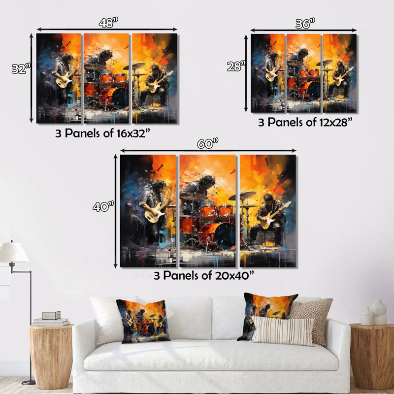 Rock Band In Action I sur toile, reproduction de 3 pièces, H 32 po x l 48 po x P 1 po